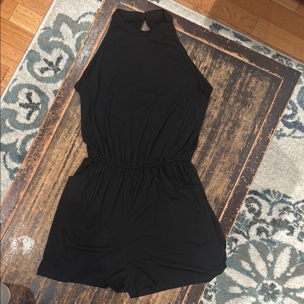 Cupshe Black Sleeveless One Piece with Elastic Waist and High Neck Line.